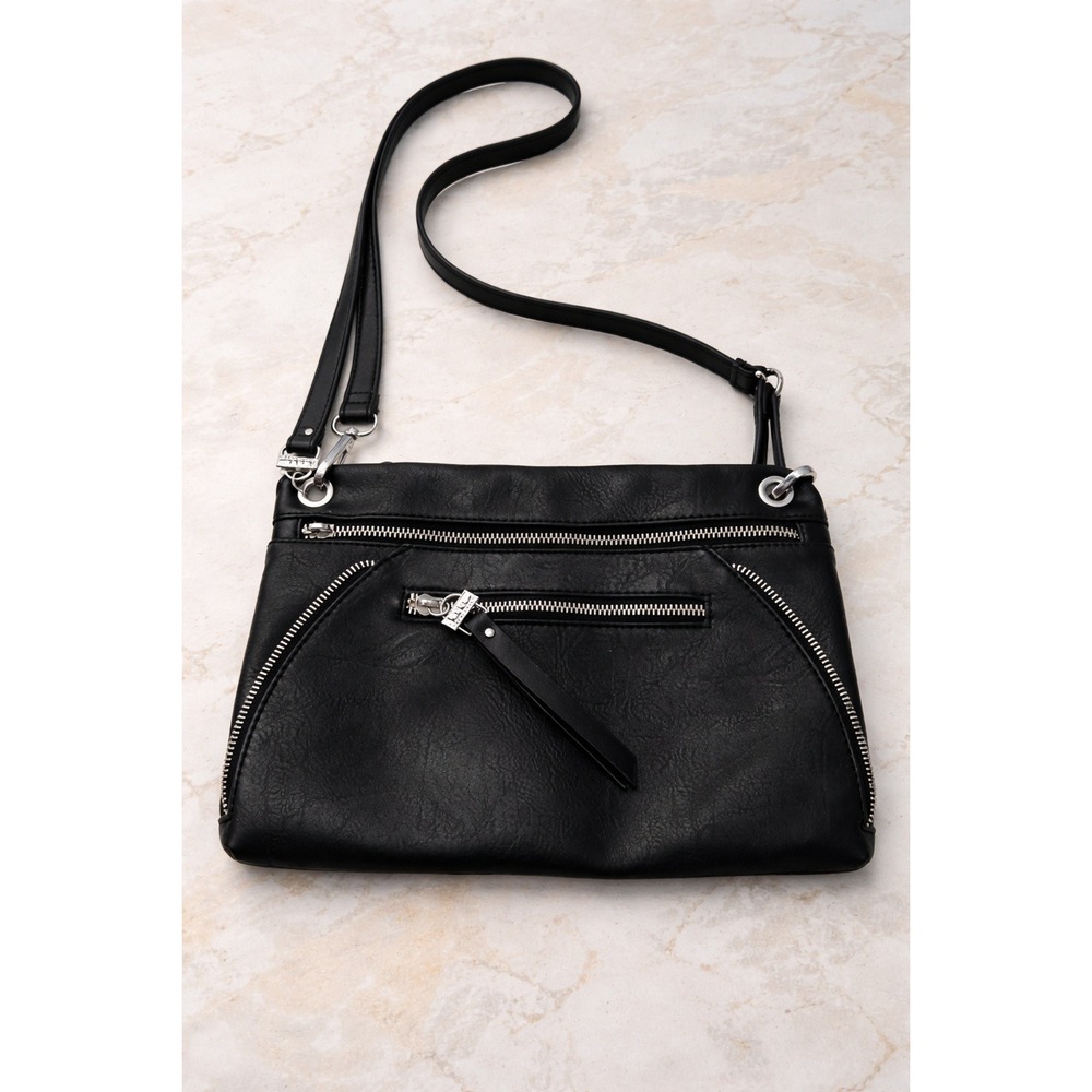 Nicole Miller New York Black Faux Leather Crossbody Bag Silver Zipper Detail